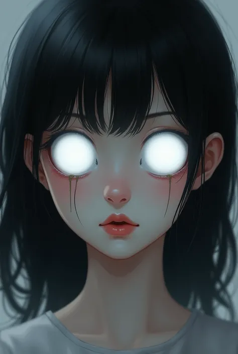 A portrait portrays a black-haired girl with round white skin lenses