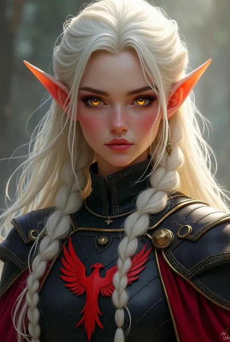  draw me an elf , adult .  Her face should look 40-45 years old . Show me her adult facial features .  Her face must be harsh ,  like an officer in the army , and a scar on her eye .  Long and pointed ears .  Her eyes glow with golden light ,  like the mag...