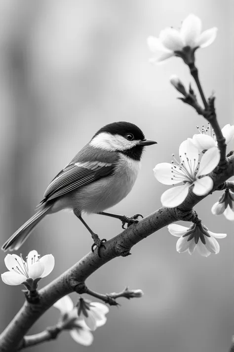 Black and white photograph of chickadee on a branch of cherry blossoms 