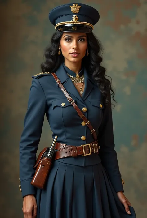 The model is wearing gorgeous Indian woman in a vintage Dutch policewoman uniform with a long skirt, handcuffs baton and gun at her belt