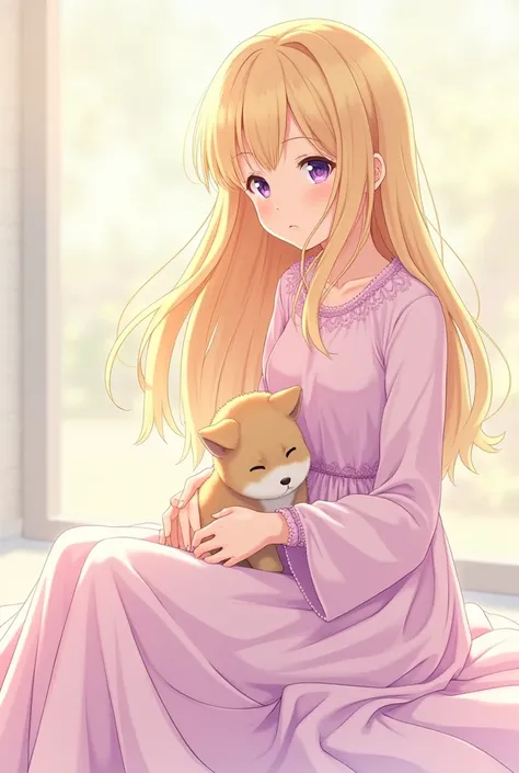 16y old girl blond whit pink or purple soft dress whit long skirt and sleeves. In her lap shall be a  and her hand is pushing him gently to her. ANIME STYLE