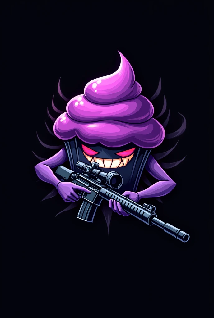 Un logo de una magdalena color morado excited, challenging,  terrifying , excited, with an AWP in both hands, The smile of Gengar the Pokemon and with the black background , for Twitch  