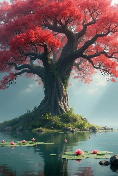 Giant tree with crimson flowers in the middle of a lake with water lilies 