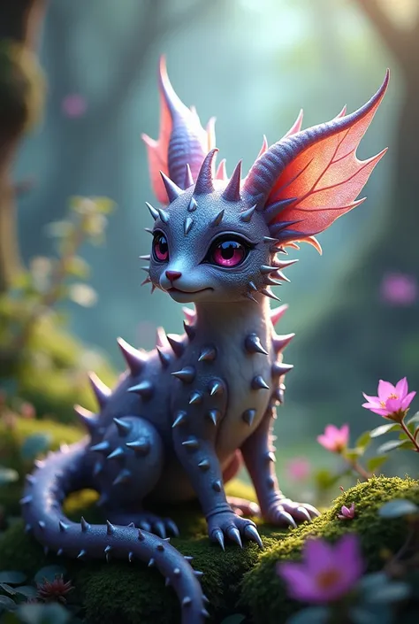 An enchanted little animal with thorns in metallic colors of silver and purple, in a magical forest environment with shine and diffused light."