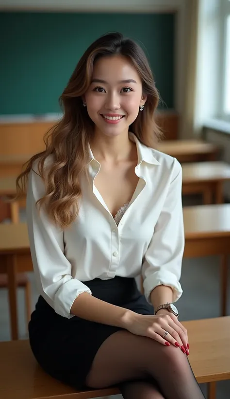 A 23-year-old Russian woman with smooth clear skin and Asian eyes. She has natural makeup with a shinny pink lip gloss. She has long silky brown hair with wavy blond strands. She is wearing an elegant white silky blouse and a black pencil skirt. The skirt ...