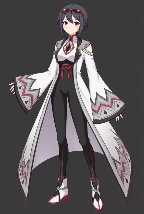 Yunyun by Konosuba 

1 .  Long asymmetric jacket :  The jacket is predominantly white with gray and black details .  It has a structured design in shoulders and extends downwards in a kind of long coattails in shades of gray and red ,  giving it a dramatic...