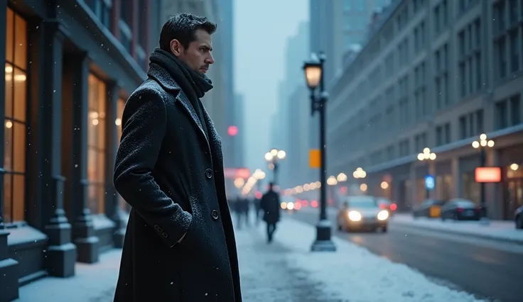 Its winter on a street in the city, on the sidewalk, a 32-year-old man dressed elegantly, waiting for someone, its snowing heavily on the sidewalk and on the man.