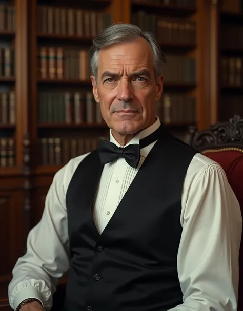 photorealistic, medium shot portrait, 1920s, a male butler in 1920, dressed as a butler in 1920, 60-year-old man, gray hair, clean-shaven, severe look, in a luxurious library in 1920, 1920, vintage, soft colors