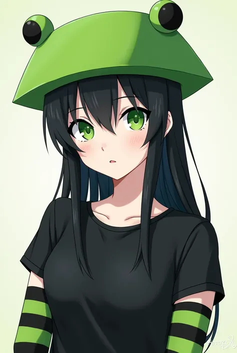 Anime girl light green eyes white skin black shirt arm warmers green with black stripes long hair with bangs color black square green hat with alien antennas 