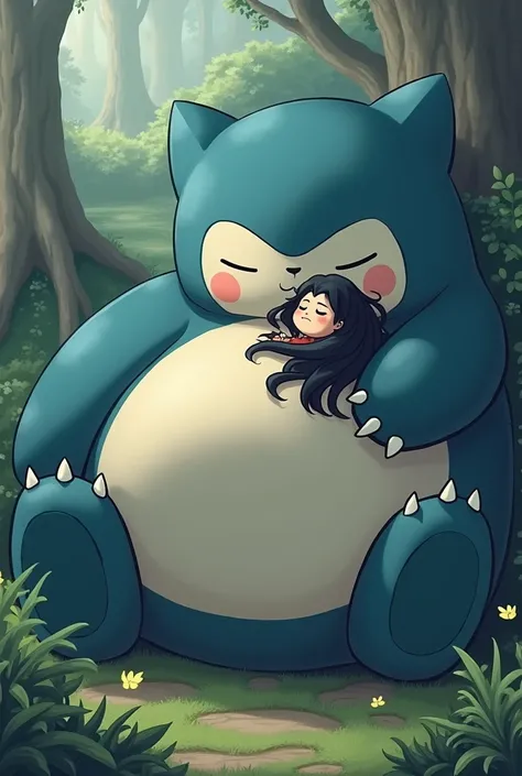 A snorlax Pokemon with a black-haired prince in his sleeping stomach 