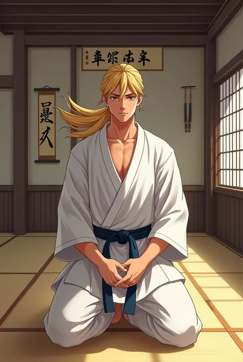 Create an animee of a male blond martial artist kneeling in a traditional dojo