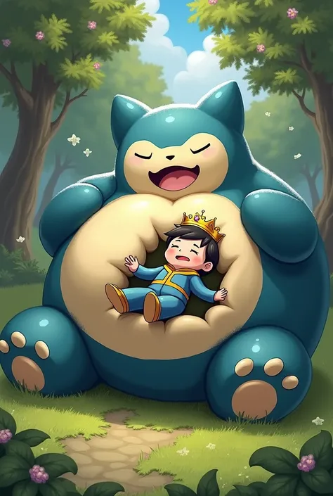 A snorlax Pokemon with a prince in its sleeping stomach 