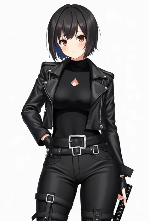 Yunyun by konosuba.




Black leather jacket: A fitted design with silver zippers and metallic accents, exuding a bold and edgy aesthetic.

Tight black pants: Accentuated with detailed straps and buckles around the thighs and waist, enhancing the overall r...