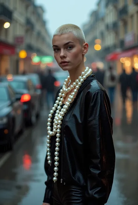  young platinum blonde teenager with thin shaved hair in a sweater dress ,  bare shoulders, In black latex very reflective in light ,  covered with long necklaces of big white pearls , avalant les longs et gros colliers et sautoirs de perles qui sortent de...