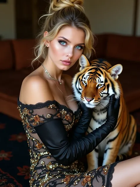 The portrait photograph shows a young woman with long, wavy blonde hair styled in a messy bun and striking blue eyes, sitting next to a large tiger cat on a luxurious carpeted surface. The woman wears an elegant, off-the-shoulder lace dress adorned with in...