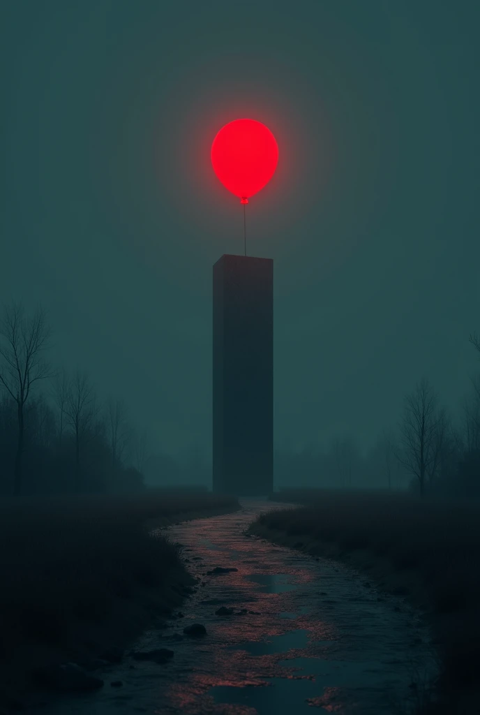 A path outside to be night and in the middle of it is a large pillar with minimal light and in the middle of it float a red balloon 