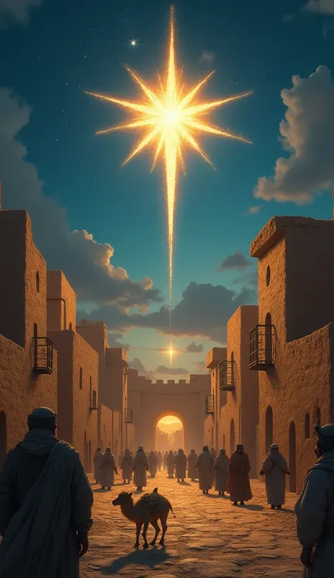 Create a hyper realistic image of the Star of Bethlehem over an ancient Bethlehem from the time of Jesus birth