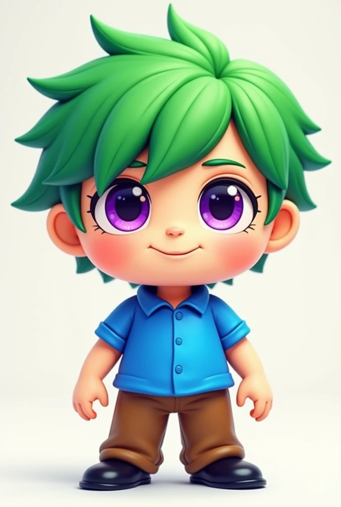 Blue shirt green hair brown pants black shoes purple eyes model Cartoon Minino