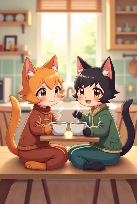 Two human body cats sitting close each other, drinking morning coffe in the kichen by the table, painted in anime style