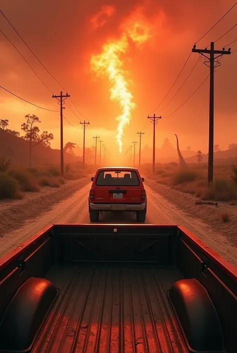  You can make an image like this :
 Im inside the box a white van  (type Tacoma )  and the van is going in the center of a dirt road .  If I turn up ,  On the sides of the road there are typical light poles .  But the sky is like orange red  ( as if it wer...