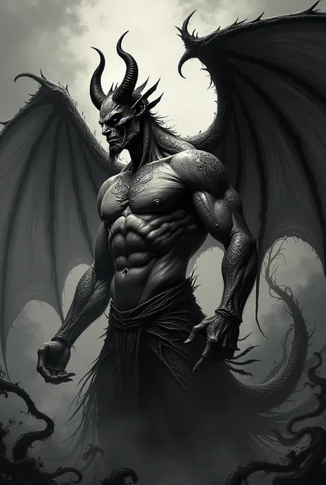 Generate a tattoo art of a demon with wings and body, profile 