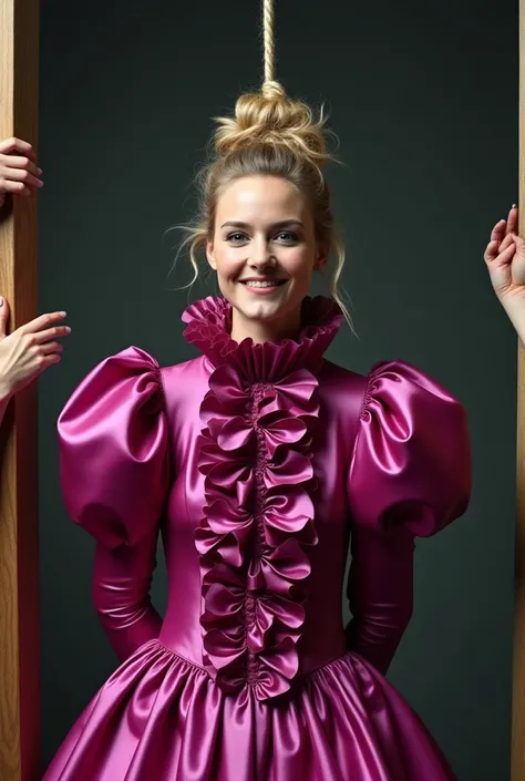 (realistic photograph close up sideways), (a pleased beautiful Caucasian lady with (messy hair bun), she is wearing (an elaborate big shiny fuchsia silk gown with (long gigantic puffed sleeves), (and with a tight ultra high stand-up collar up to her cheeks...