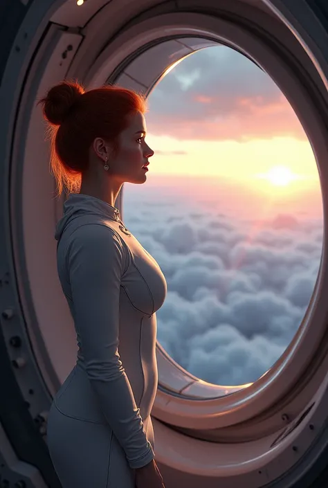 a realistic woman, view from behind at an angle ,35 years old,  redheaded girl with her hair tied in a bun, big breasted,dressed in a white space-design jumpsuit , watching the sunrise from a window of a spaceship in Earth orbit