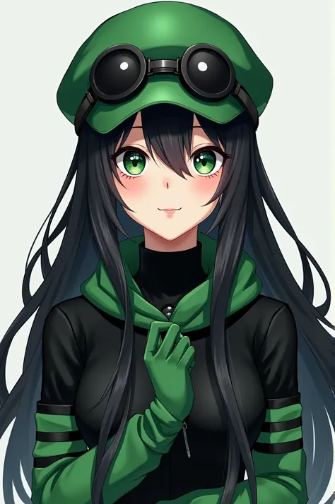 Anime long black hair with bangs green eyes with circular black lenses green warmers with black stripes white skin black shirt green snow cap