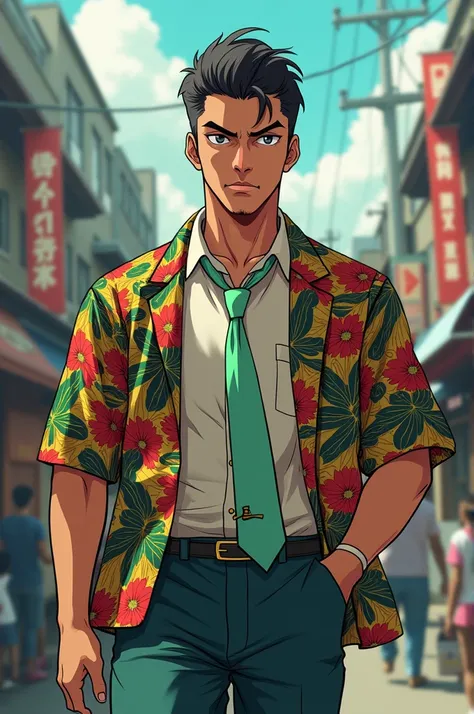 Yakuza. Slick back hair and small tuff of hair falling down his forehead. Grey eyes. loose pastel green tie around neck. Hawaiian print jacket and shirt. anime art style. Walking through Japan street.