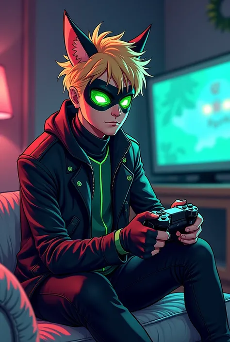 chat noir qui joue au jeux vidéos sur la PlayStation en illustrations 