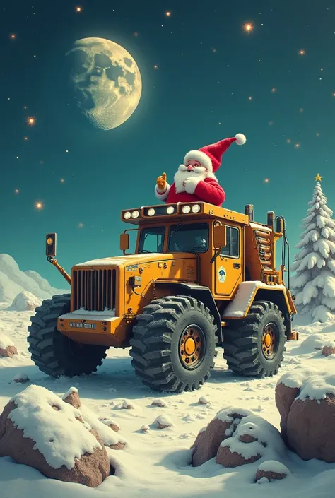 A Christmas card that this heavy machines a white helmet next to the bottom of the moon whats going on Santa Clous a motor grader a retro excavator and that there are artificial games in the sky