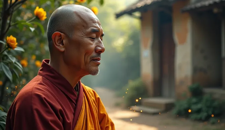 close-up buddhist monk meditating clear facial features, bright colors, light particles, with bright light, Mushhiv, wallpaper art, UHD wallpapers, vivid atmosphere, near an old house, village