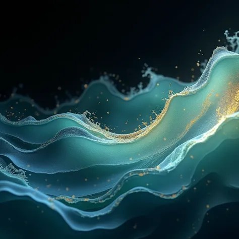 " An abstract art with fluid shapes that resemble ocean waves,  in shades of blue and green with golden reflections , texture similar to moving water . Black background with soft lighting coming from the right."