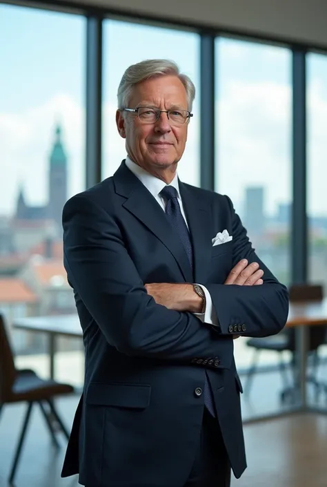  The minister is standing in a modern office building with large windows, Through which you can see the skyline of Copenhagen . Danish Minister of Economy. He looks into the camera

