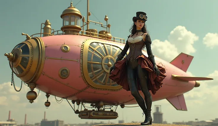 ((Full-length CAR))), ((( The entire image is evenly lit, ensuring sharp focus and clarity across the foreground and background, creating a harmonious and detailed composition.)))((( very detailed and heavy steampunk style zeppelin of gold and PINK porcela...