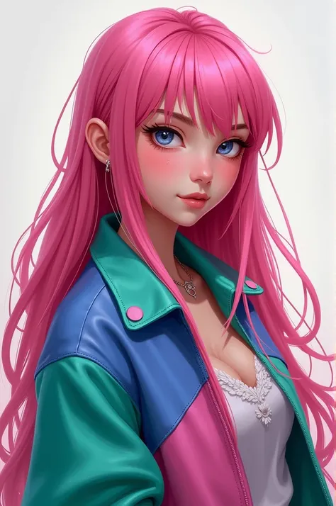 A girl with pink hair and blue, green and pink jacket