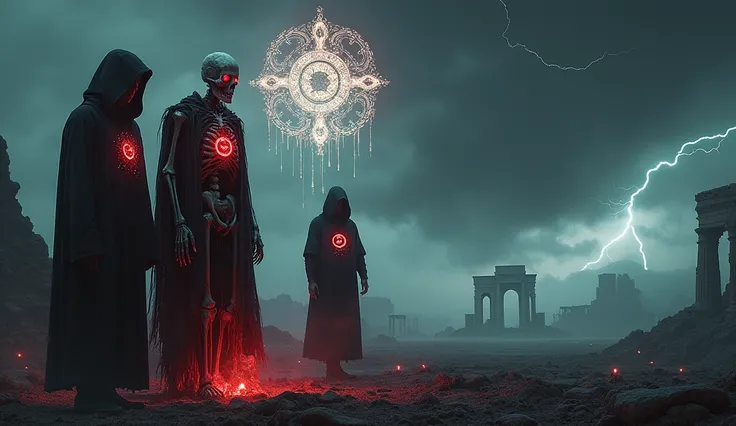 "Design a jaw-dropping, cinematic thumbnail with an apocalyptic tone. Feature a menacing skeletal figure with fiery red eyes, draped in tattered robes, holding a glowing weapon or orb. Beside it, include a shadowy hooded figure with mysterious, glowing sym...