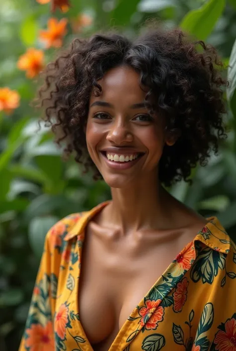  A Brazilian woman in a lush tropical garden,  wearing an open shirt with floral print ,  with a close up capturing the harmonious beauty between your breasts and natural flowers,  showing your natural charm and outgoing personality.