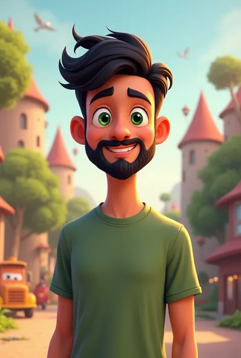 Fais un personnage pixar : il a 23 ans la peau claire une barbe les chevaux courts et noirs les yeux verts ll porter une chemise