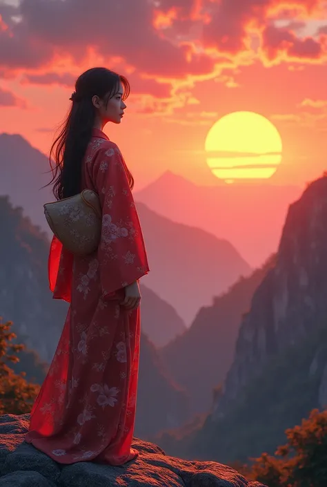 Beautiful Japanese woman with black eye color admiring the sunset on the mountains realistic photo in 3D 