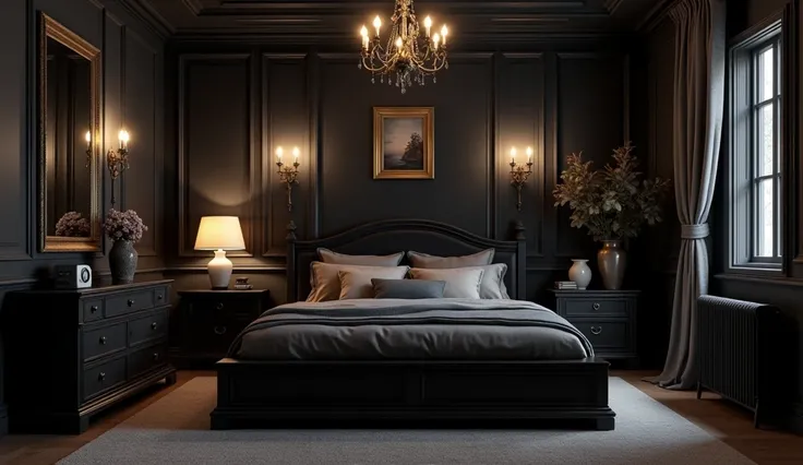  mid-sized bedroom with a vintage classic design, Black color, With multiple lighting 