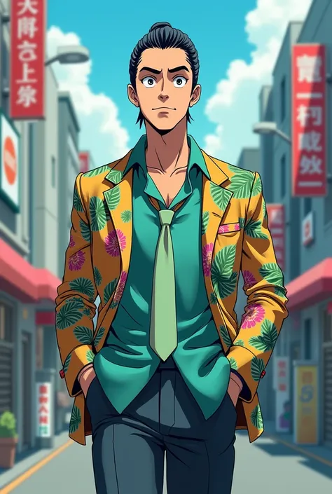 Cool but goofy early adult Yakuza guy with slick back hair and small tuff of hair falling down to his forehead and grey eyes. Wearing loose pastel green tie, wearing a teal dress shirt and Hawaiian print jacket. Walking down a Japan City street. anime art ...