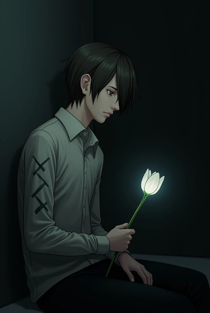 
A white tulip shines in the hand of a sad man sitting in the dark The mans hair in the form of a zigzag stitch on his left arm with brown green eyes