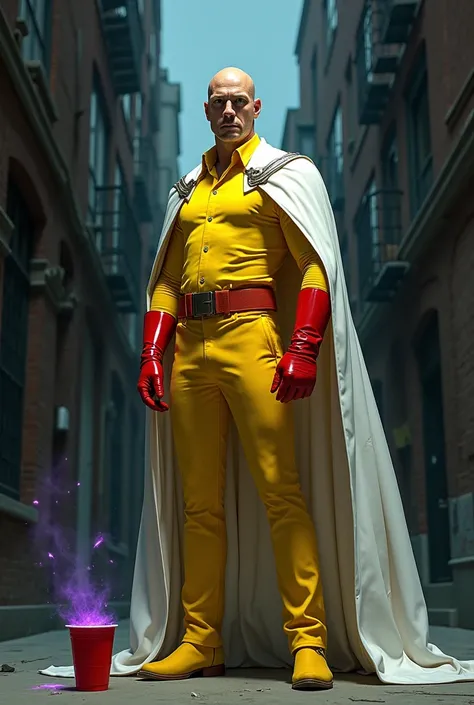  A man bald man in a yellow jump suit white cape and red gloves standing in a alley holding a red solo cup with purple liquid 