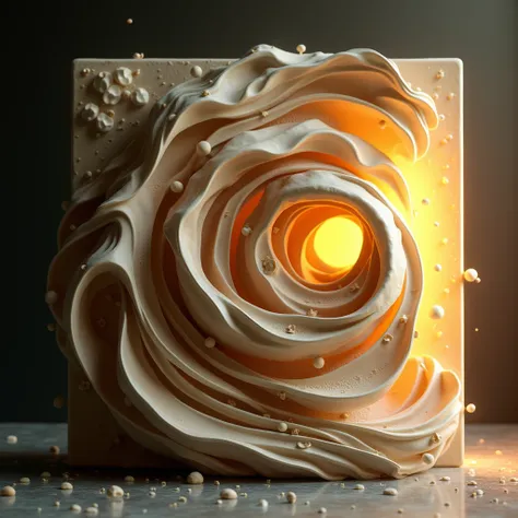 " A three-dimensional abstract art with fluid shapes that resemble ocean waves, in earthy tones and beige with golden reflections , texture similar to moving water . Black background with soft lighting coming from the right."