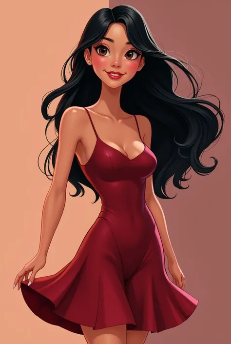 Girl with semi-long black hair .  A wine-red dress fitted to the body. A little lively face ,  white skin and Latin features.  This girl is  .  She must have a full body .  small breasts . 1.65 tall. The image must be from head to toe.  The dress can be a ...