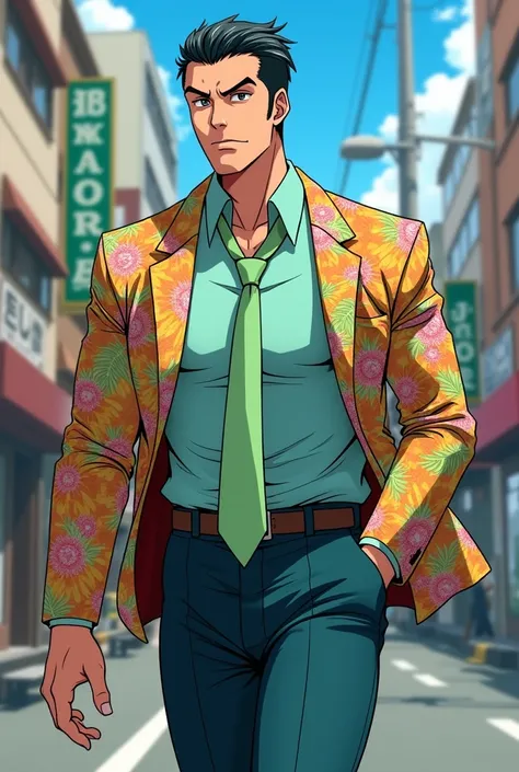 Cool but goofy early adult Yakuza guy with slick back hair and small tuff of hair falling down to his forehead and grey eyes. Wearing loose pastel green tie, wearing a teal dress shirt and Hawaiian print jacket. Has toned muscular build. Walking down a Jap...