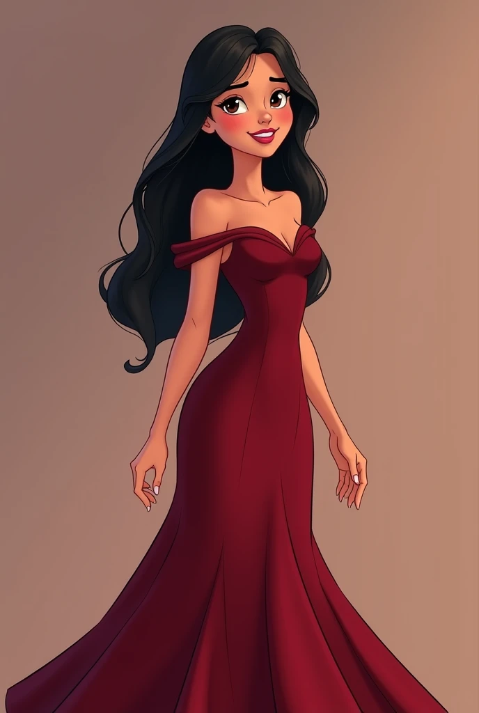 Girl with semi-long black hair .  A wine-red dress fitted to the body. A little lively face ,  white skin and Latin features.  This girl is  .  She must have a full body .  small breasts . 1.65 tall. The image must be from head to toe.  The dress may be a ...