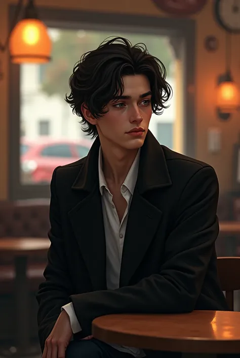 I want a picture of a 15-year-old young man with black hair and a slightly tanned face wearing a black coat and sitting in a coffee shop