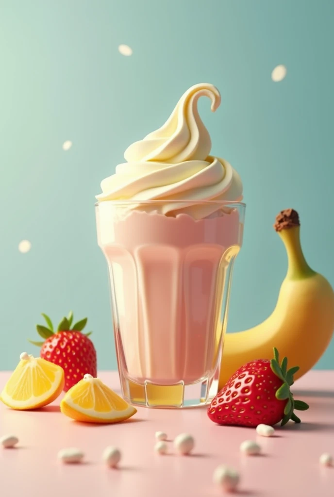 Make an image of a glass with a banana of a strawberry with animated cream 